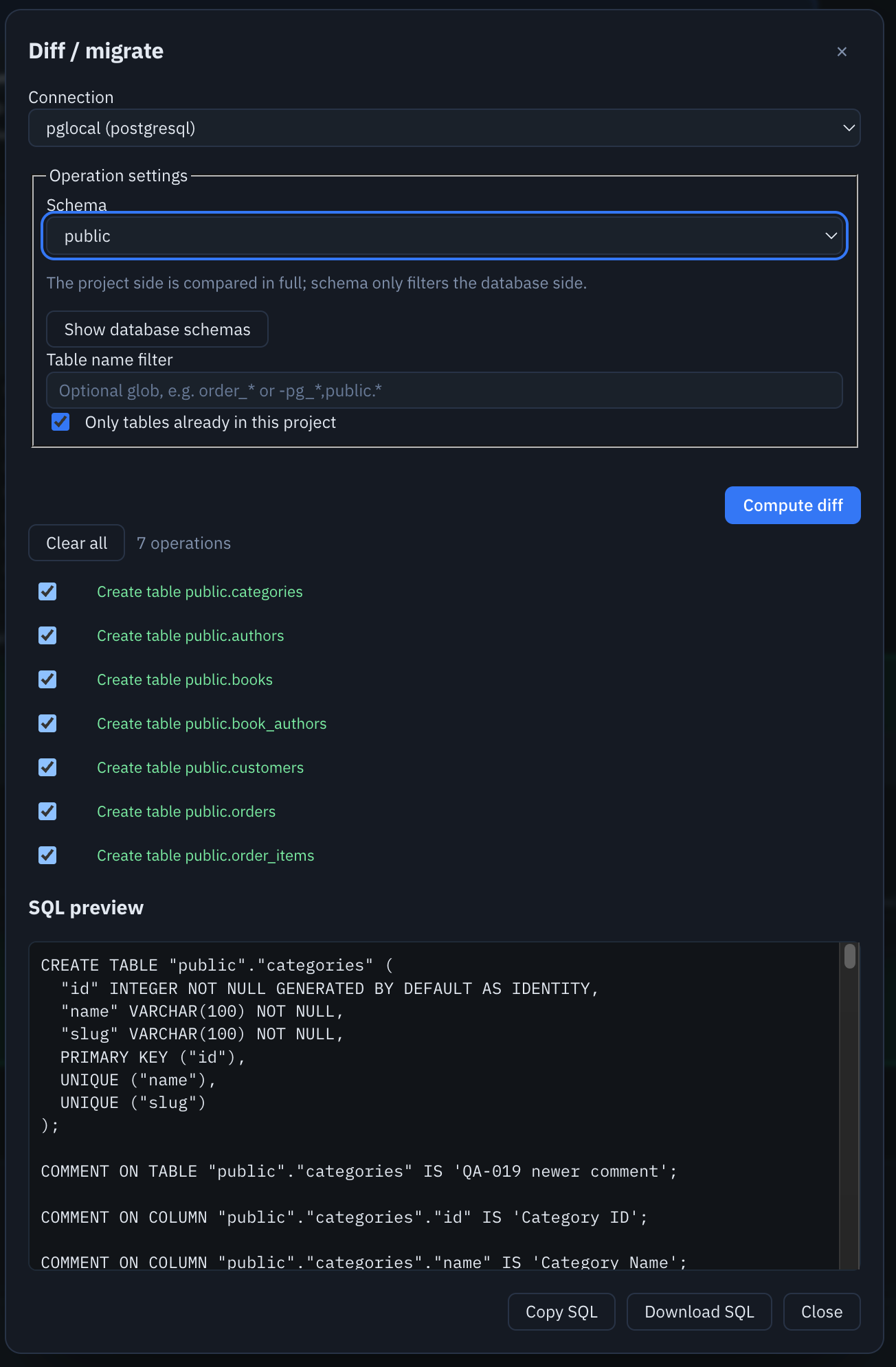 The Diff and migrate dialog against a live PostgreSQL connection: seven operations listed and a SQL preview showing CREATE TABLE and COMMENT ON COLUMN statements