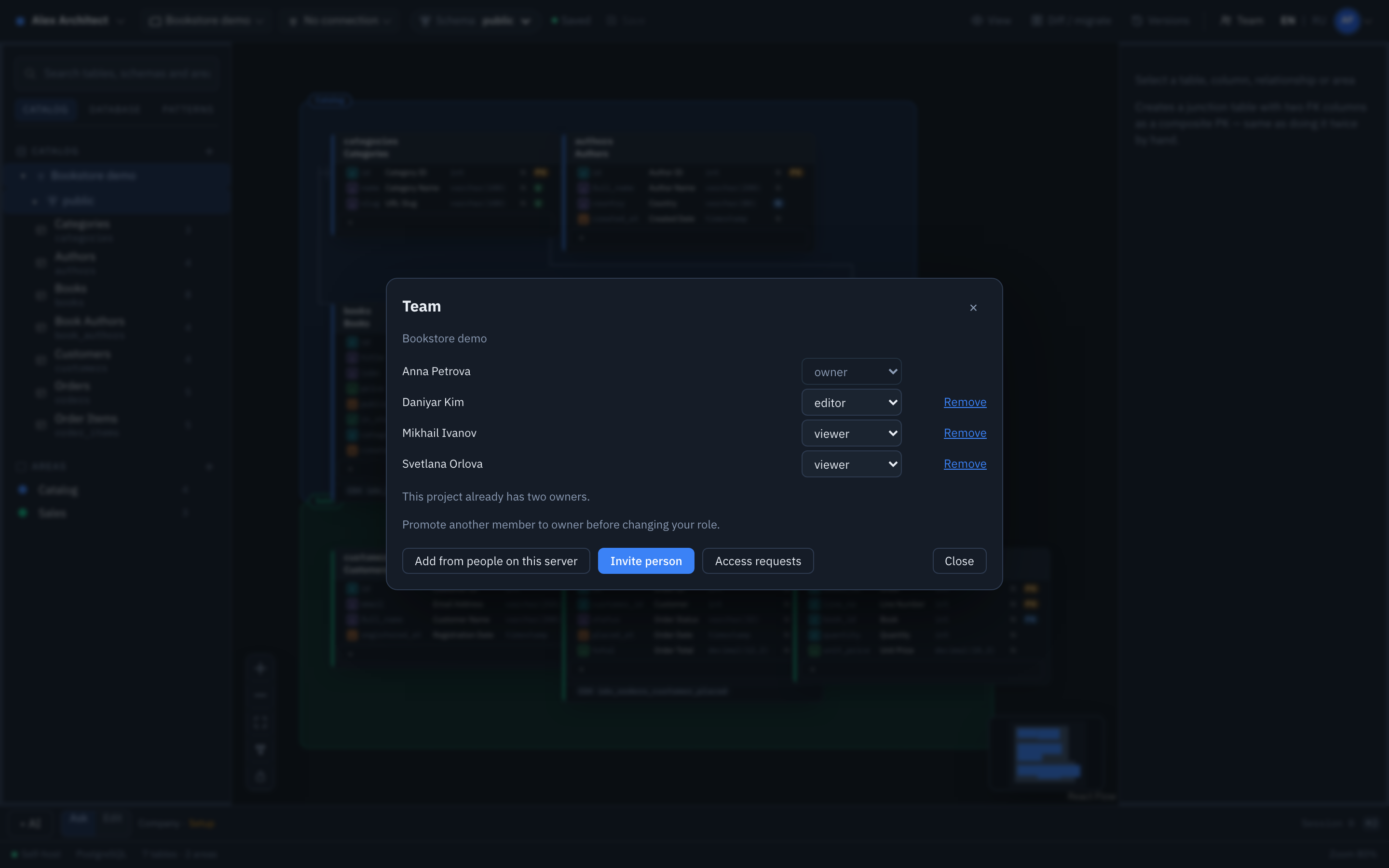 The Team dialog listing four people on one project with owner, editor and viewer roles